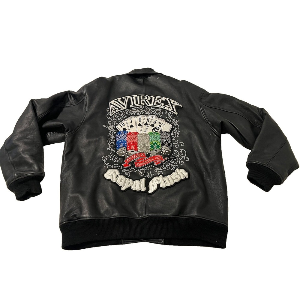 Avirex Royal Flush Men's Black Varsity Bomber Leather Jacket Full Zip Large